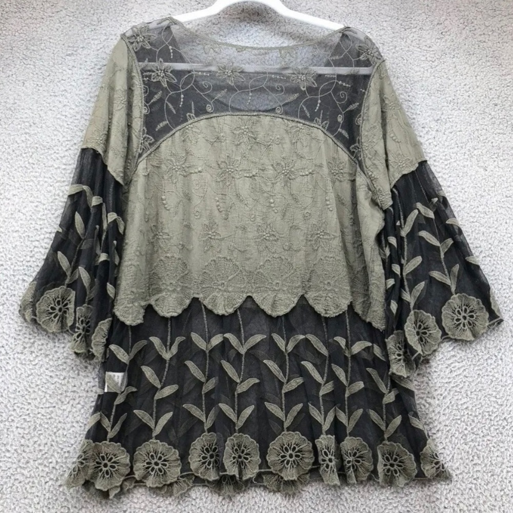 Tunic Shirt Womens XL Green Embroidered Black Mesh 3/4 Sleeve Flare Loose